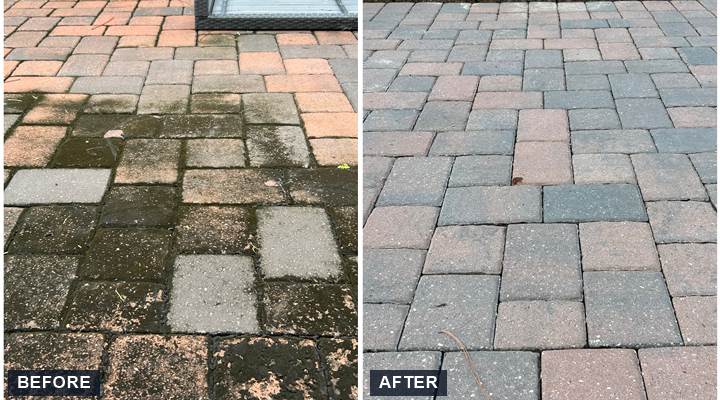 Brick paver patio cleaning before and after