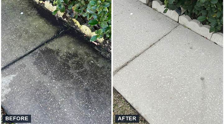 Concrete walkway cleaning before and after