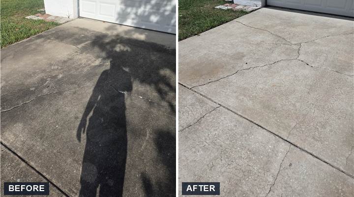 Concrete driveway pressure washing before and after