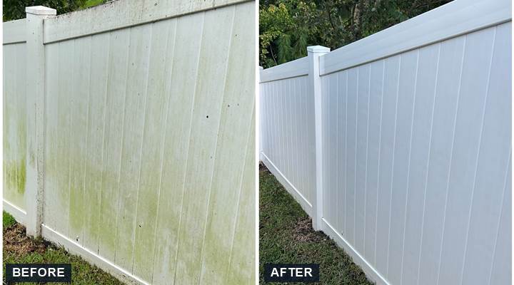 Vinyl fence cleaning before and after: green algae removed