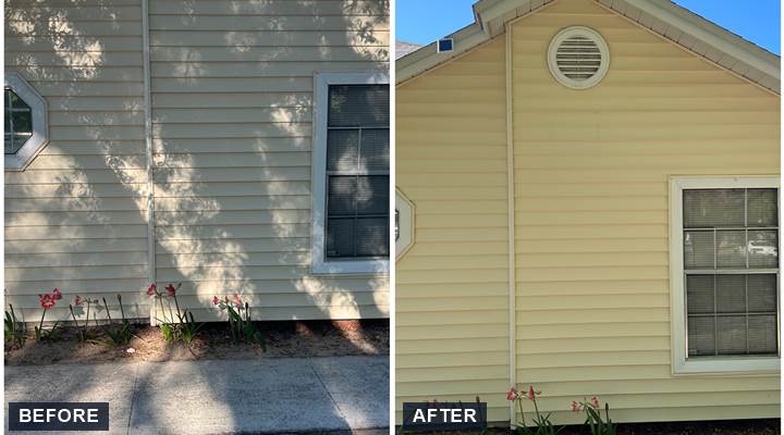 House washing before and after: vinyl siding cleaned with a soft wash