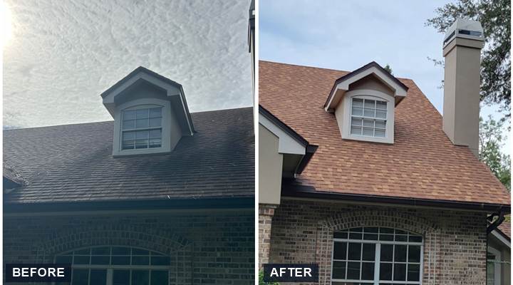 Roof soft washing before and after: black algae removed from a shingle roof