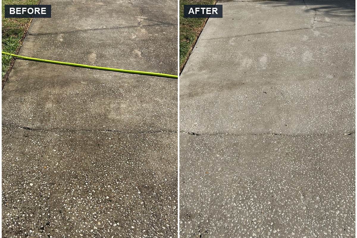 Concrete driveway pressure washing before and after
