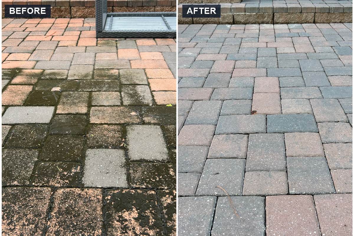 Brick paver patio cleaning before and after: black mold and algae removed