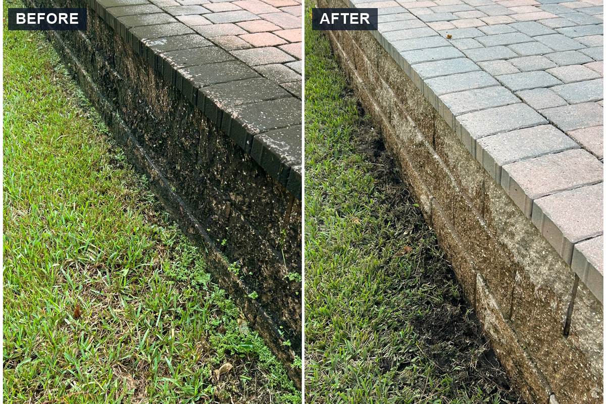 Paver retaining wall cleaning before and after