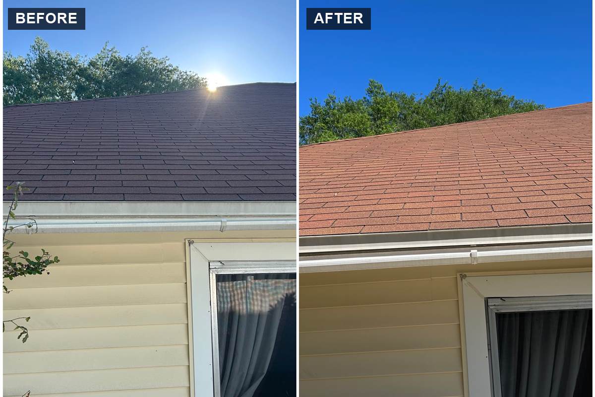 Roof and vinyl siding soft wash before and after on a Central Florida home