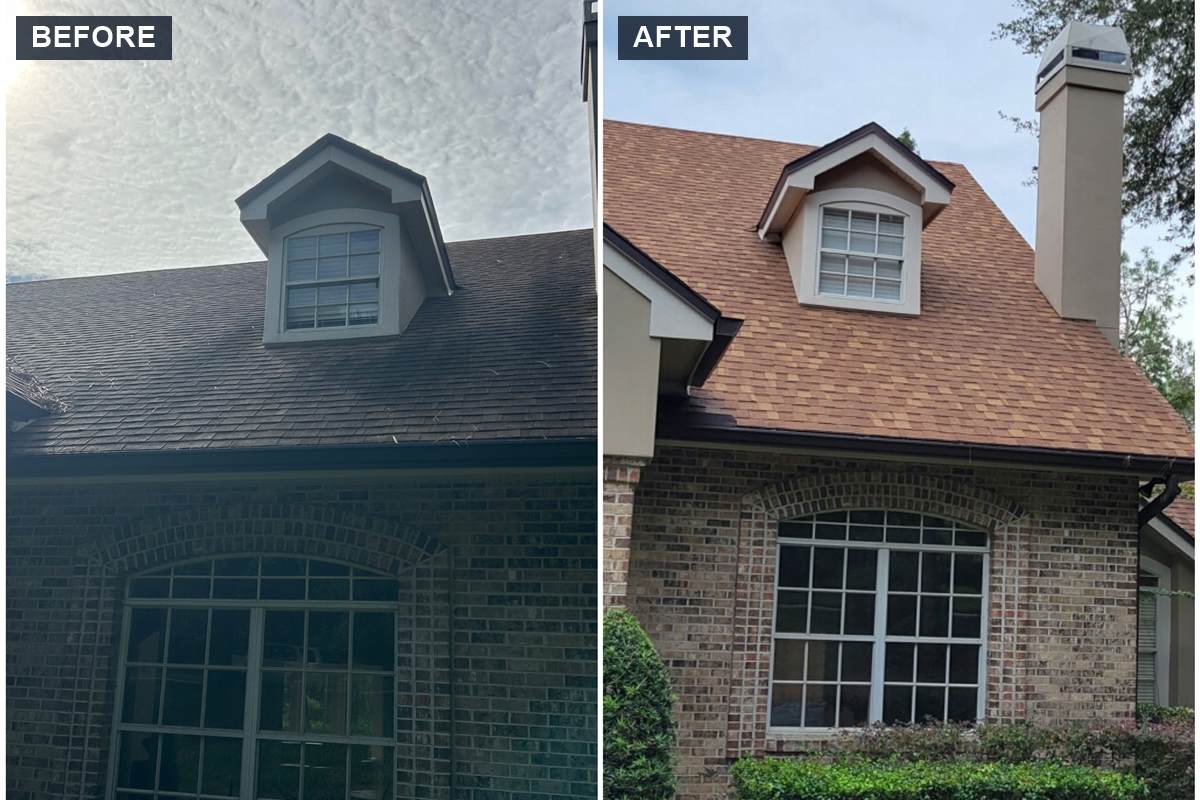 Roof soft washing before and after: black algae streaks removed from an asphalt shingle roof in Central Florida