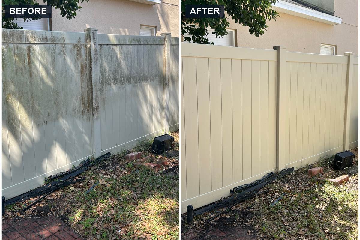 Tan vinyl fence cleaning before and after: mildew streaks removed