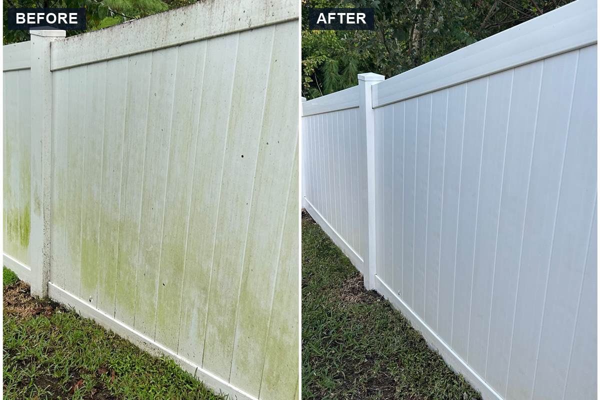 White vinyl fence cleaning before and after: green algae removed