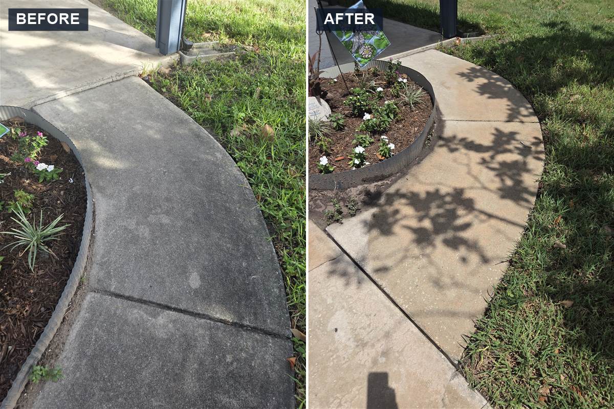 Curved concrete walkway cleaning before and after